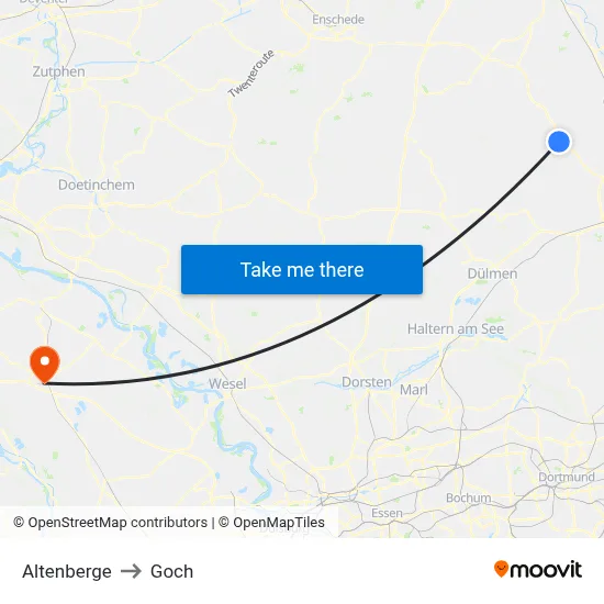 Altenberge to Goch map