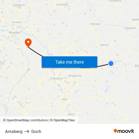 Arnsberg to Goch map