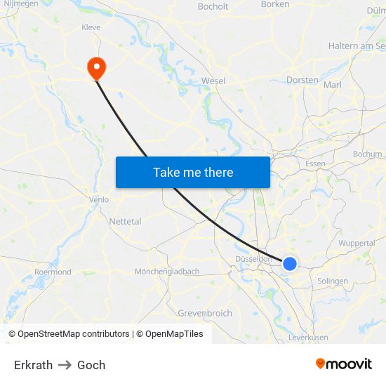 Erkrath to Goch map