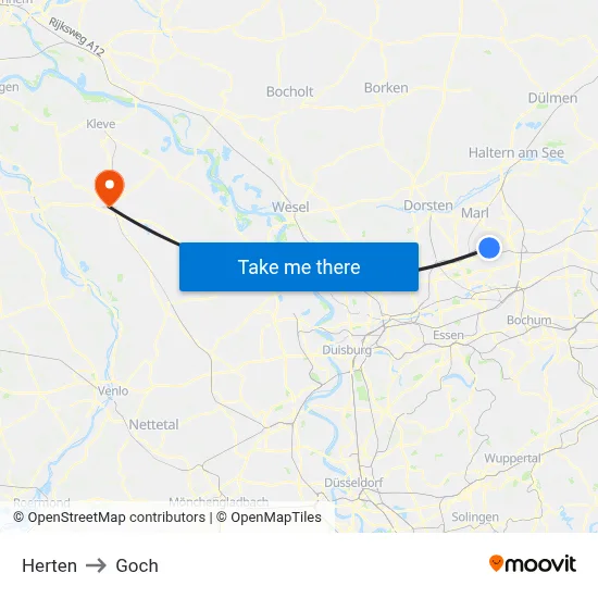 Herten to Goch map