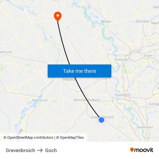 Grevenbroich to Goch map