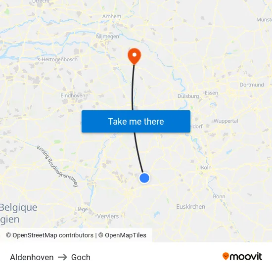 Aldenhoven to Goch map