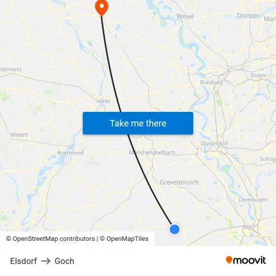 Elsdorf to Goch map