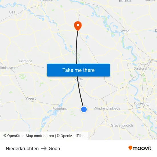 Niederkrüchten to Goch map