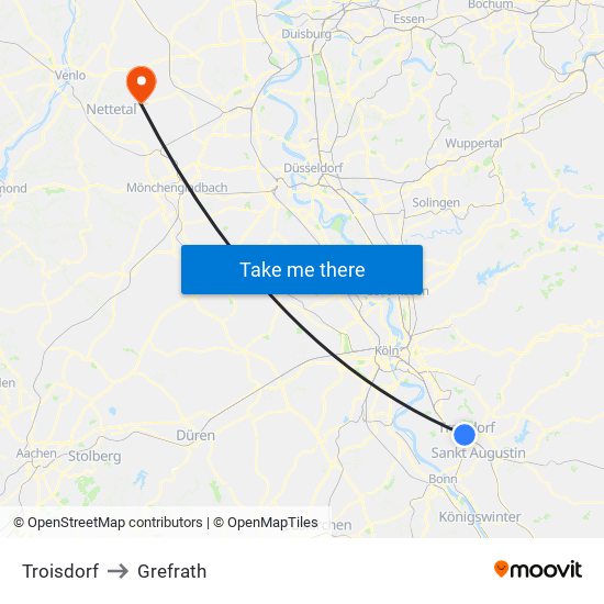 Troisdorf to Grefrath map