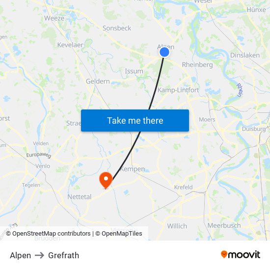 Alpen to Grefrath map