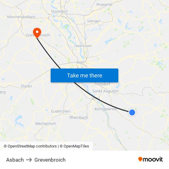 Asbach to Grevenbroich map