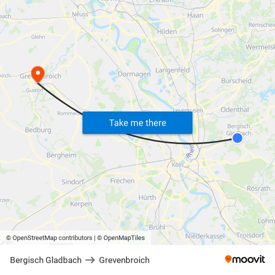 Bergisch Gladbach to Grevenbroich map