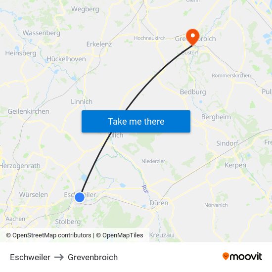 Eschweiler to Grevenbroich map