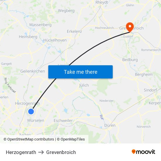 Herzogenrath to Grevenbroich map