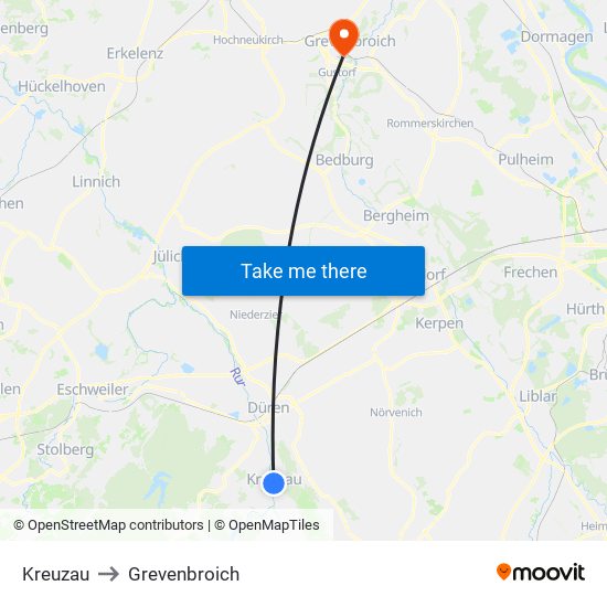 Kreuzau to Grevenbroich map