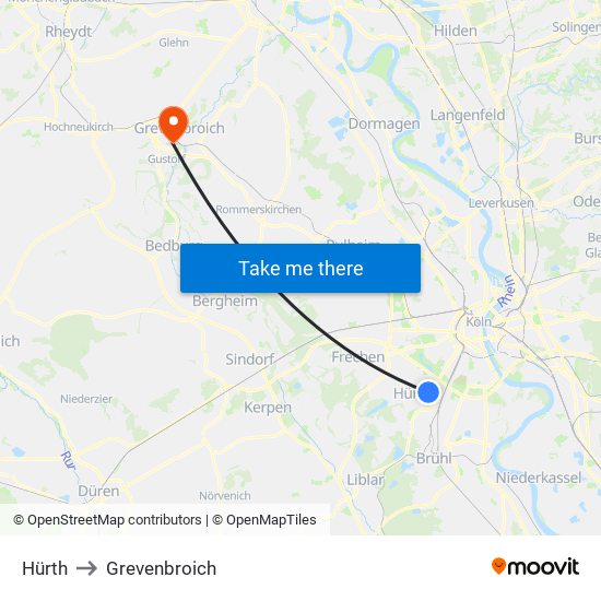 Hürth to Grevenbroich map