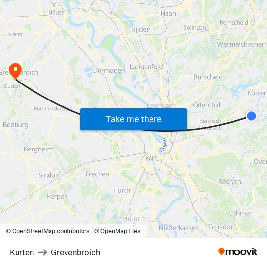 Kürten to Grevenbroich map