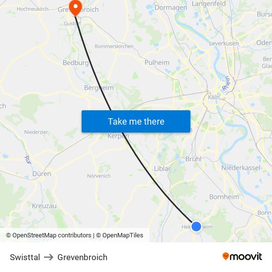 Swisttal to Grevenbroich map