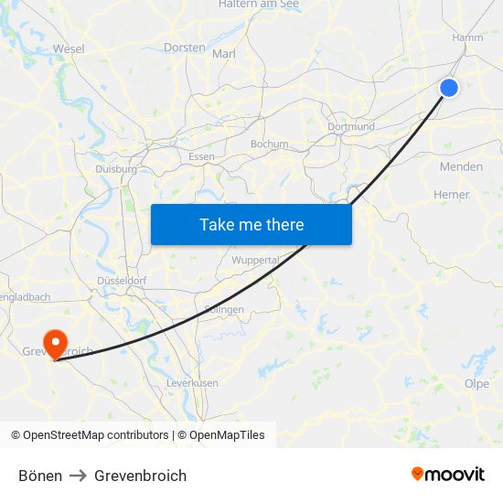 Bönen to Grevenbroich map