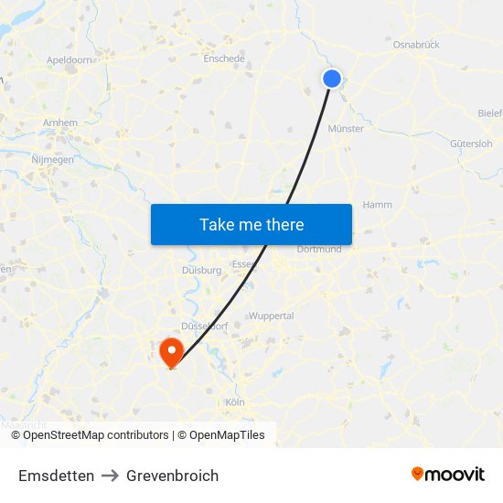 Emsdetten to Grevenbroich map