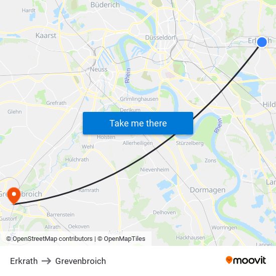 Erkrath to Grevenbroich map