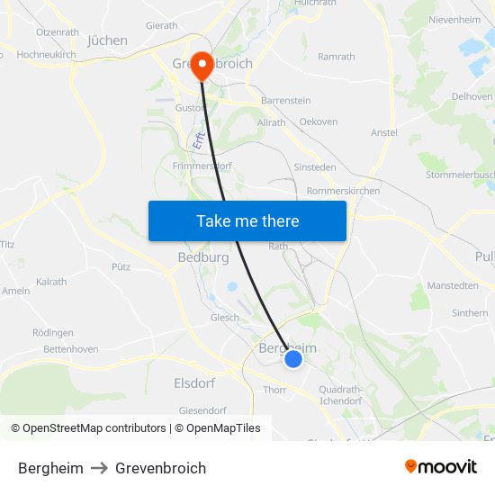 Bergheim to Grevenbroich map