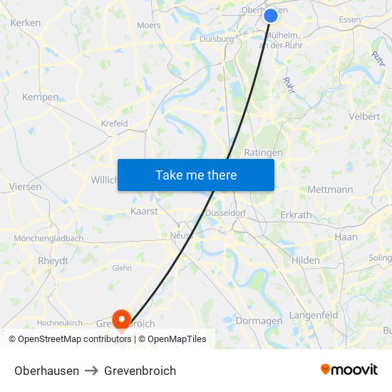 Oberhausen to Grevenbroich map