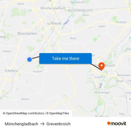 Mönchengladbach to Grevenbroich map