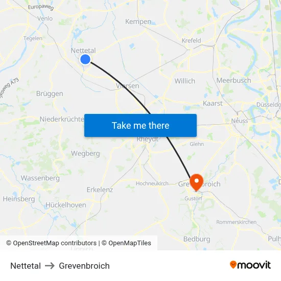 Nettetal to Grevenbroich map