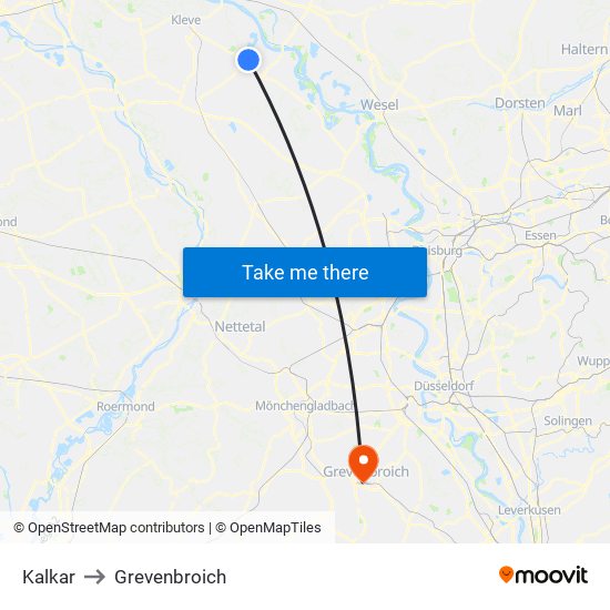 Kalkar to Grevenbroich map