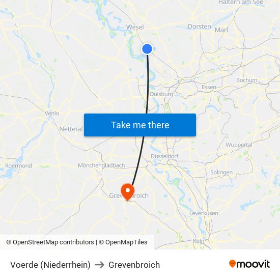 Voerde (Niederrhein) to Grevenbroich map