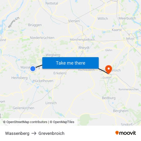 Wassenberg to Grevenbroich map