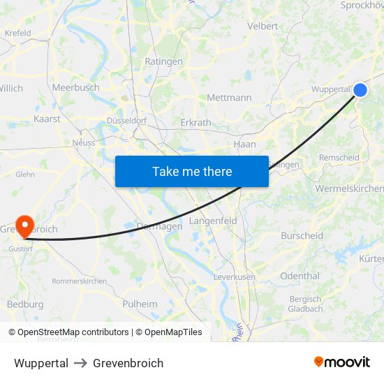 Wuppertal to Grevenbroich map