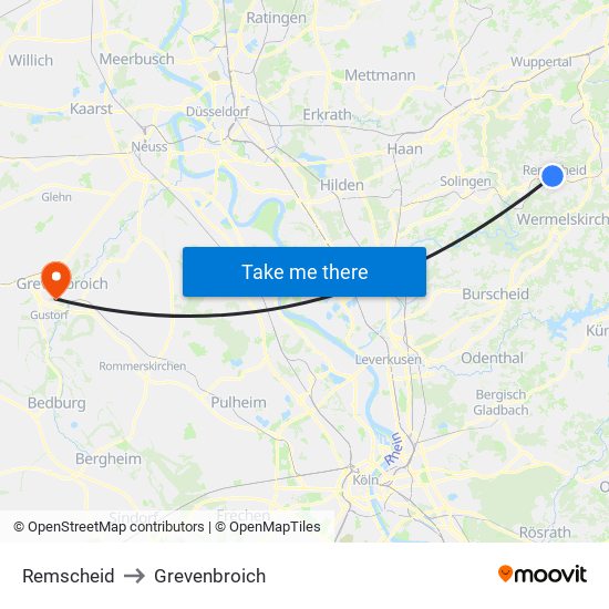 Remscheid to Grevenbroich map