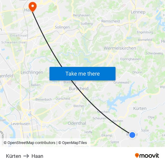 Kürten to Haan map