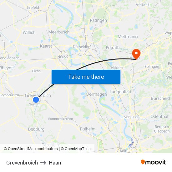 Grevenbroich to Haan map