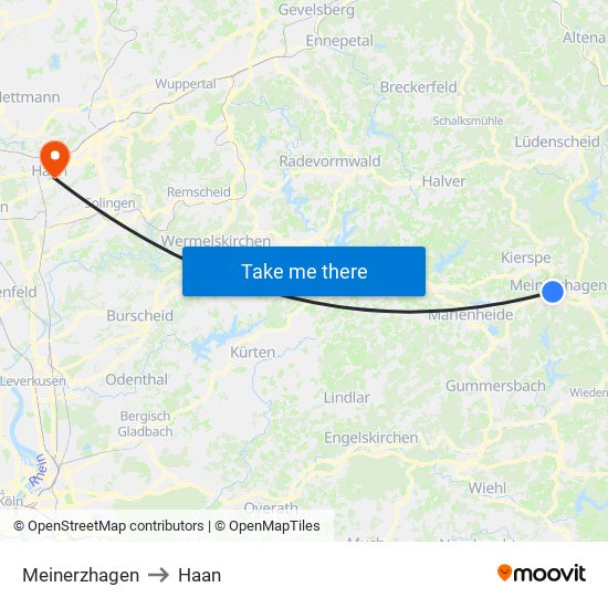 Meinerzhagen to Haan map