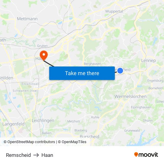 Remscheid to Haan map