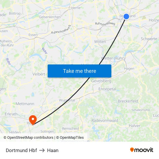 Dortmund Hbf to Haan map