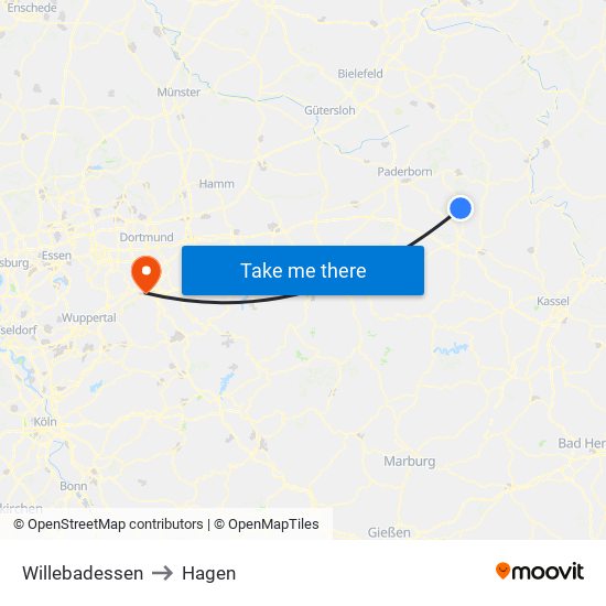 Willebadessen to Hagen map