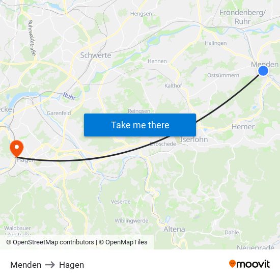 Menden to Hagen map