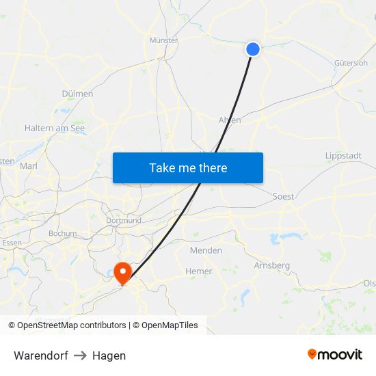 Warendorf to Hagen map