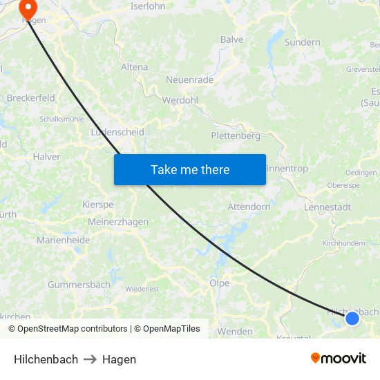 Hilchenbach to Hagen map