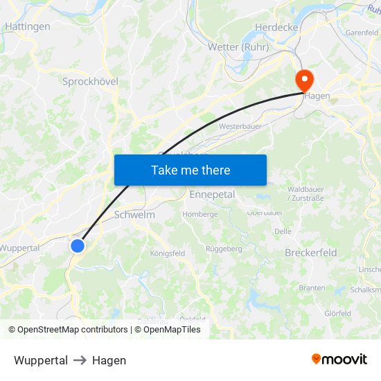 Wuppertal to Hagen map