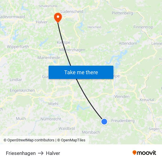 Friesenhagen to Halver map