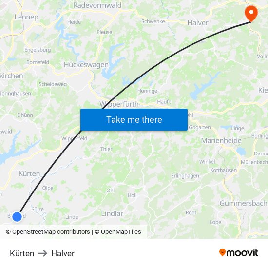 Kürten to Halver map