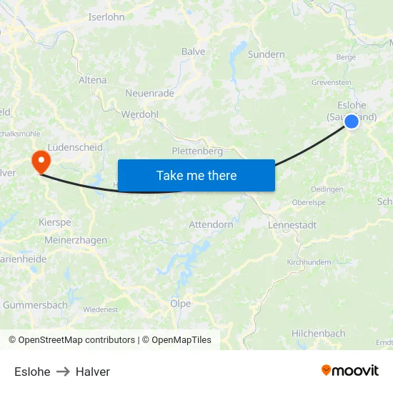 Eslohe to Halver map