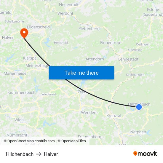 Hilchenbach to Halver map