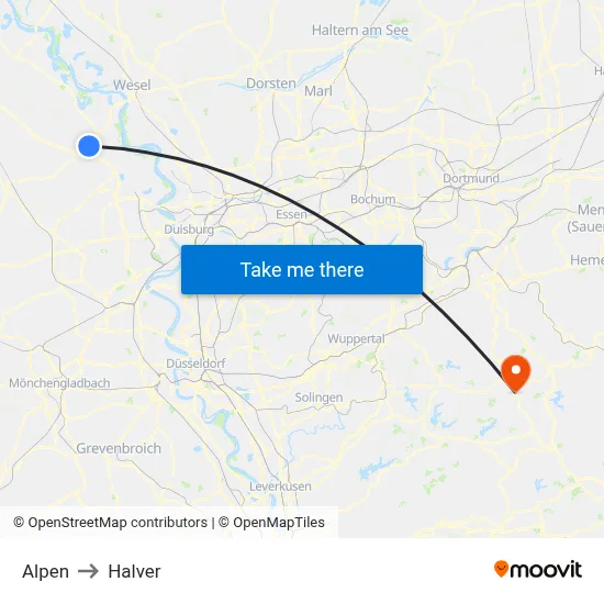Alpen to Halver map