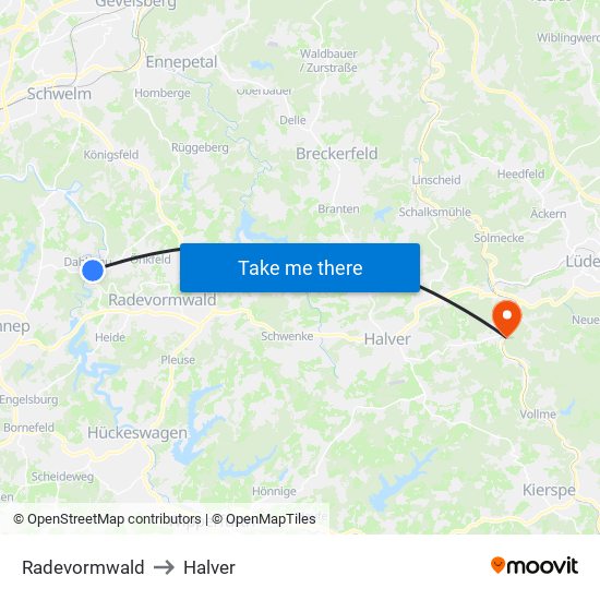 Radevormwald to Halver map