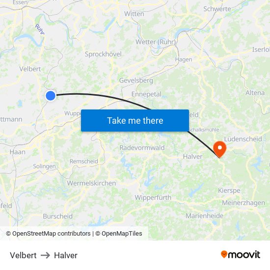 Velbert to Halver map