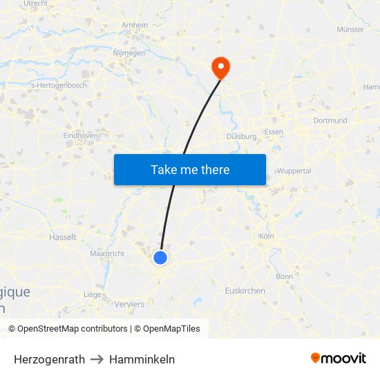 Herzogenrath to Hamminkeln map