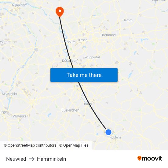 Neuwied to Hamminkeln map