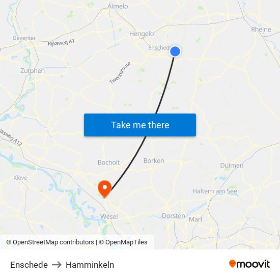 Enschede to Hamminkeln map